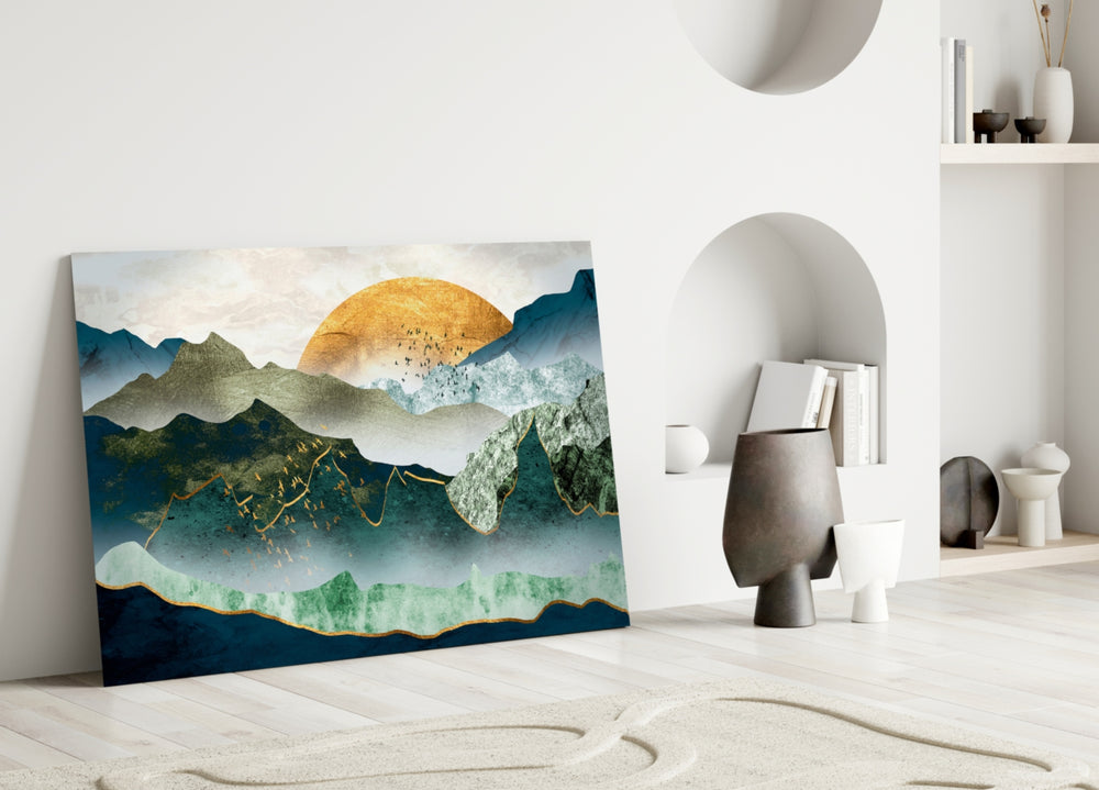 Golden Mountains glass wall art styled above a sofa in a living room