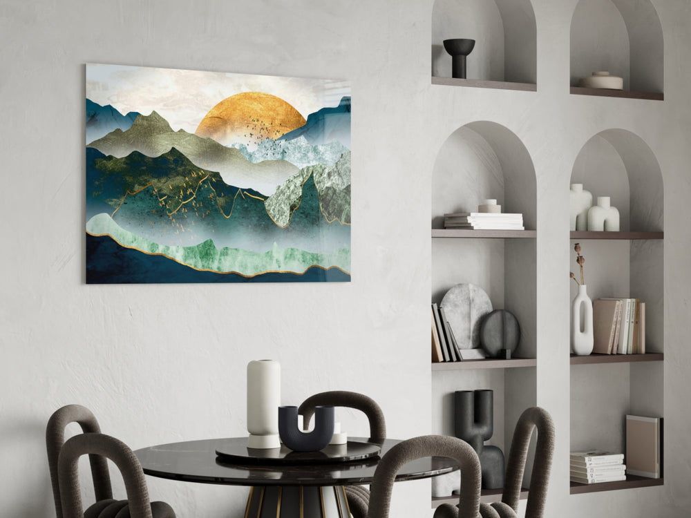 Golden Mountains glass print enhancing a study with editorial spirit