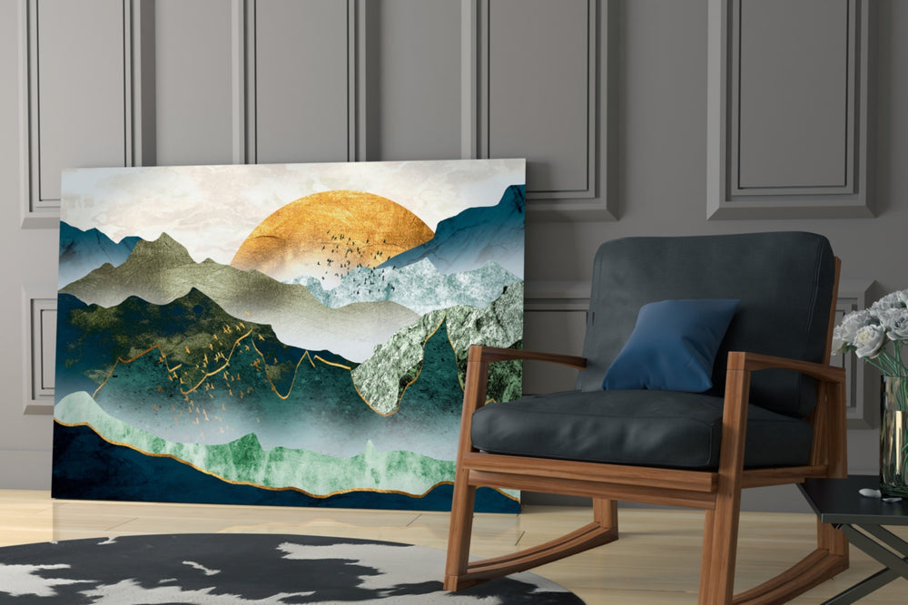 Golden Mountains artwork anchoring a wall with serene oriental palette