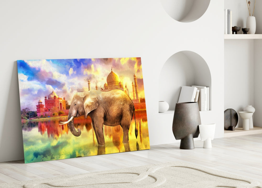 Indian Elephant glass wall art styled above a console in a sunroom