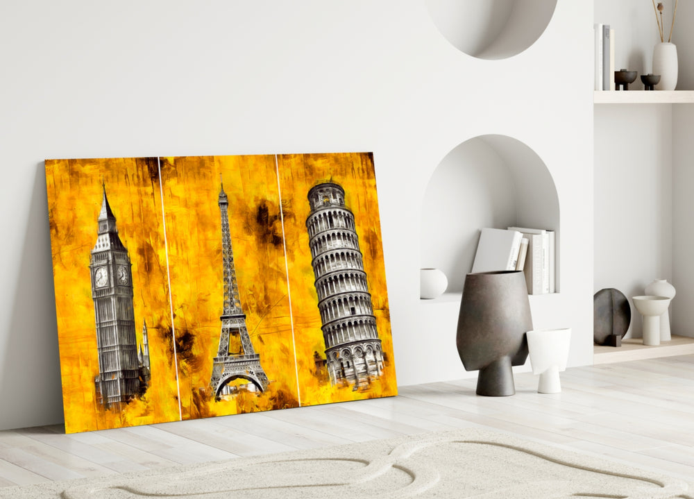European Landmarks glass wall art styled above a sideboard in a man's office