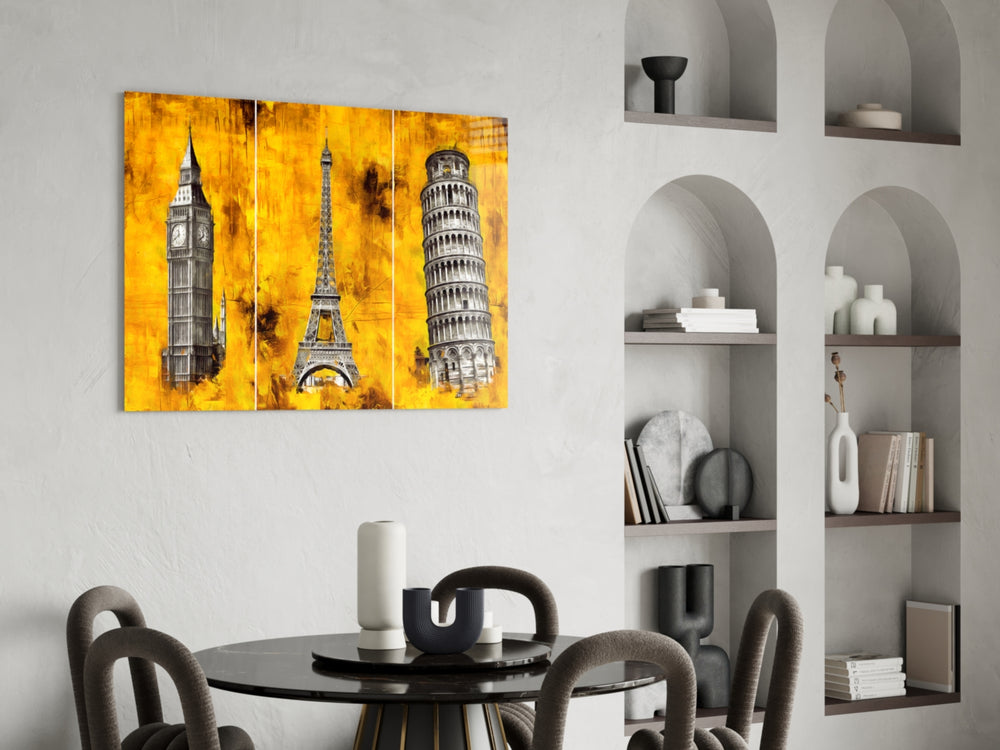 European Landmarks glass print enhancing a foyer with editorial drama