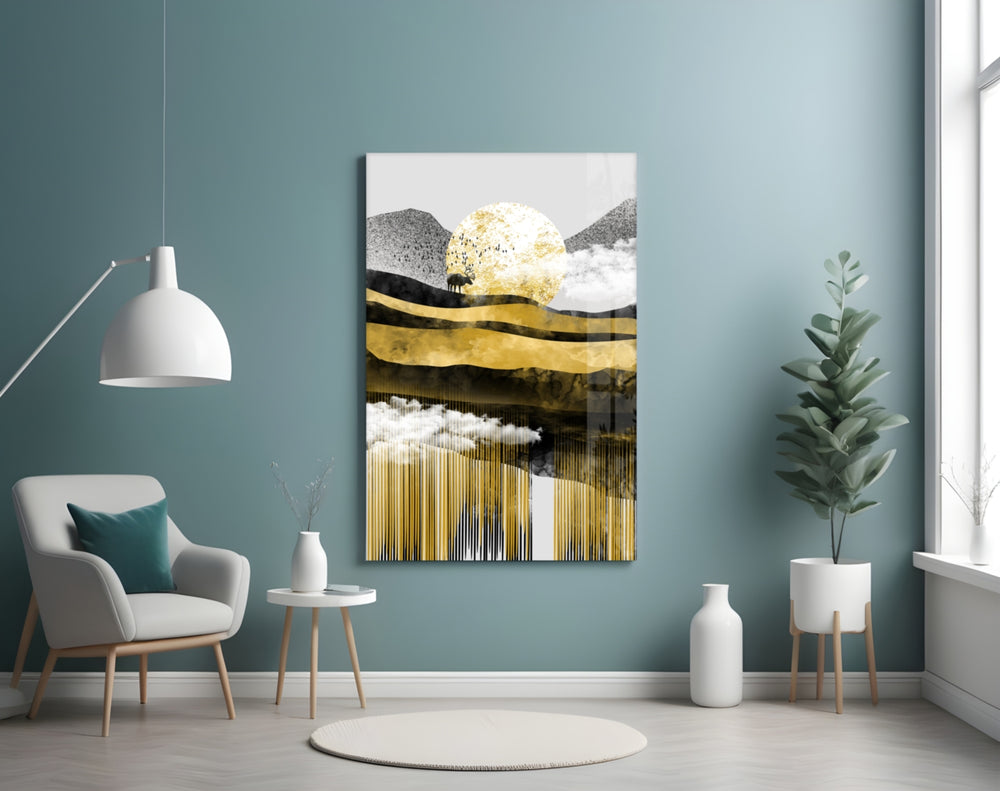 Gold Moon Deer panel adding editorial mood to a living room