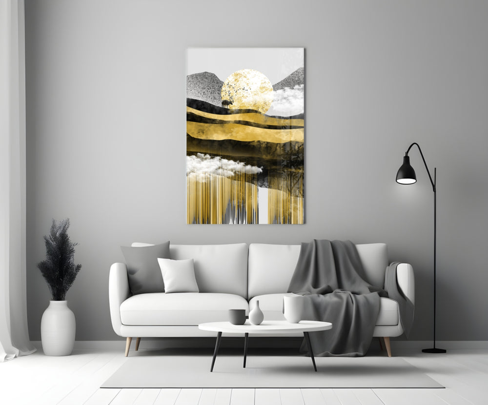 Gold Moon Deer glass wall art styled above a bed in a bedroom