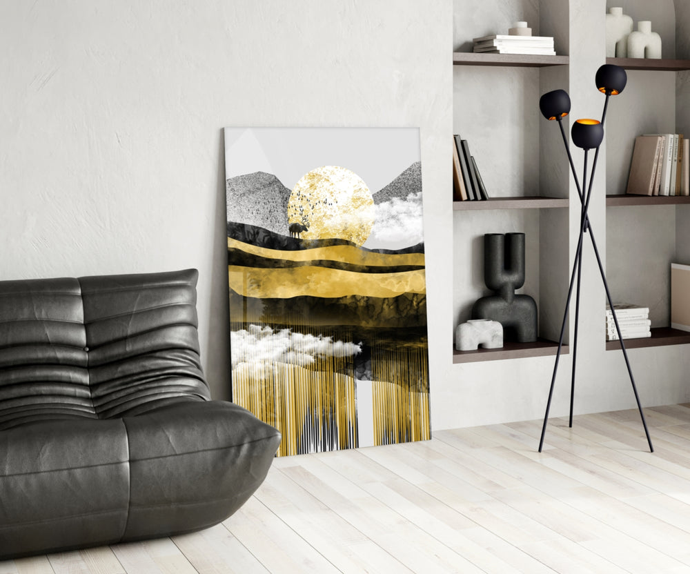 Gold Moon Deer glass print enhancing a study with cinematic drama
