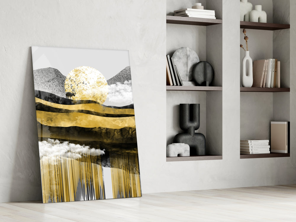 Gold Moon Deer artwork anchoring a wall with moody luxe palette