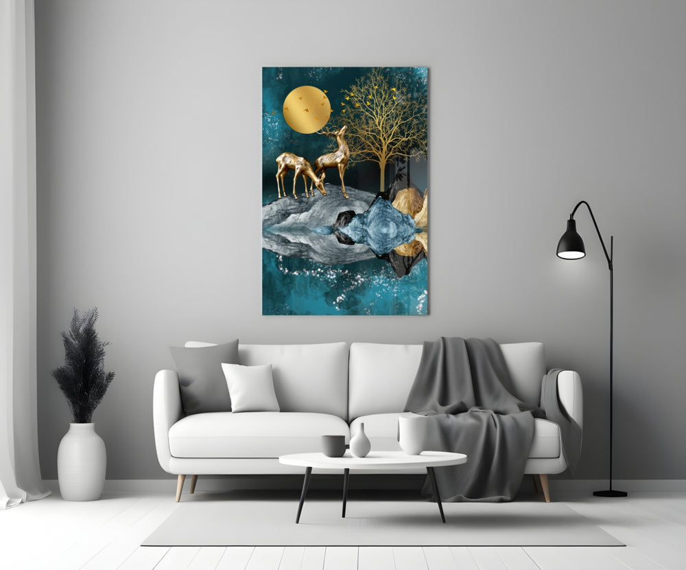 Twin Deer glass wall art styled above a sofa in a living room