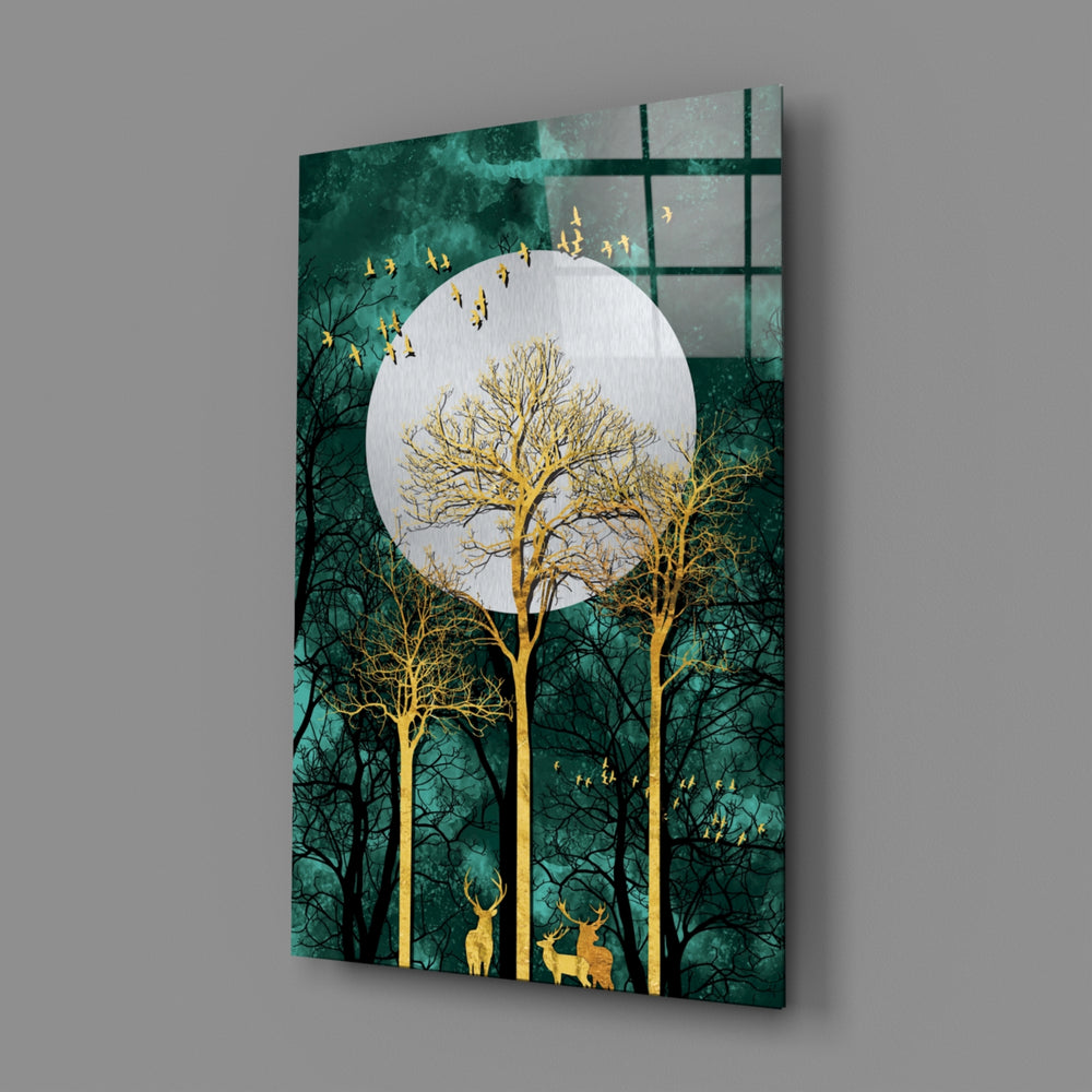 Close-up detail of golden deer silhouettes among silvered branches