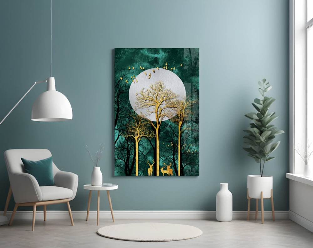 Gold Forest Deer panel adding editorial mood to a foyer