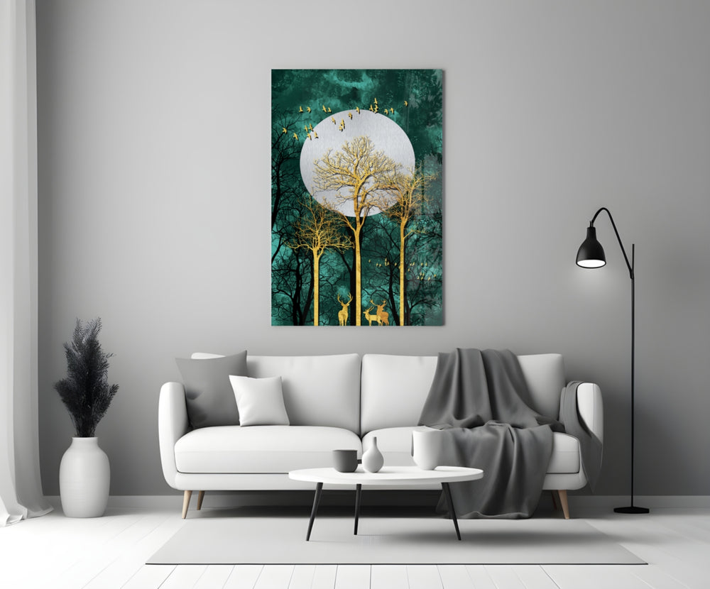 Gold Forest Deer glass wall art styled above a sideboard in a living room