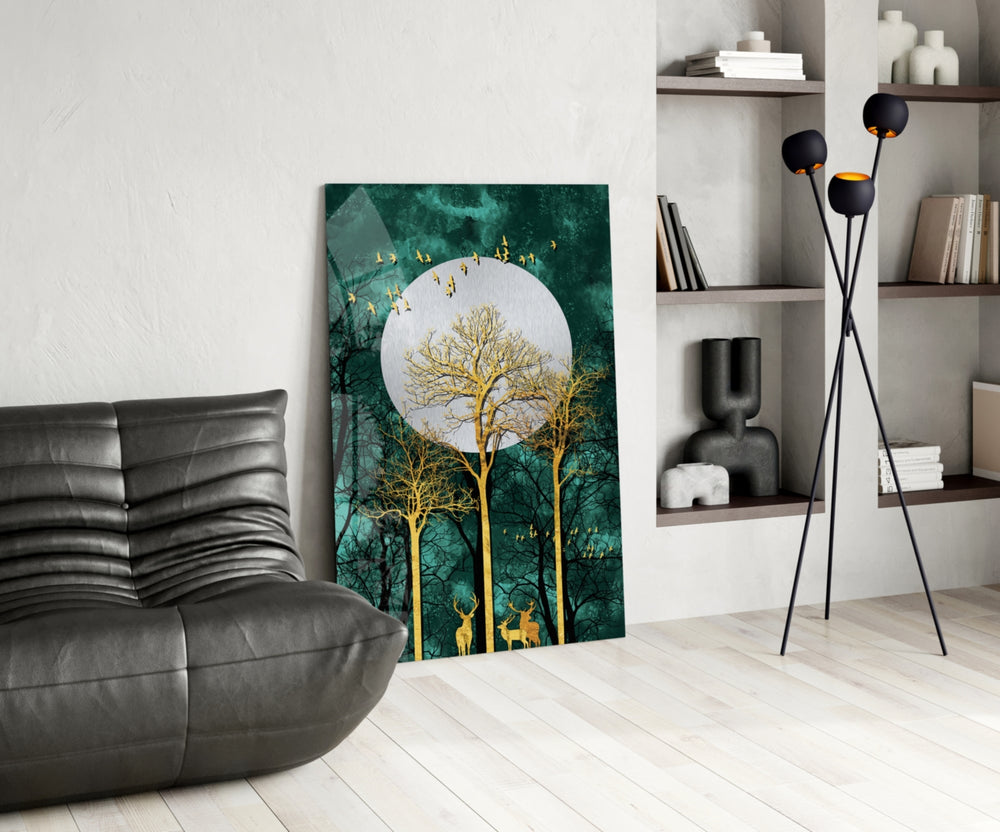 Gold Forest Deer glass print enhancing a study with cinematic drama