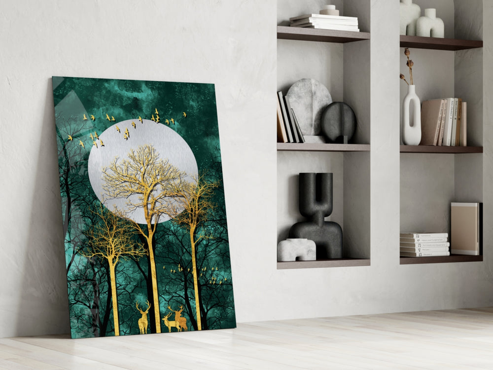 Gold Forest Deer artwork anchoring a wall with moody luxe palette