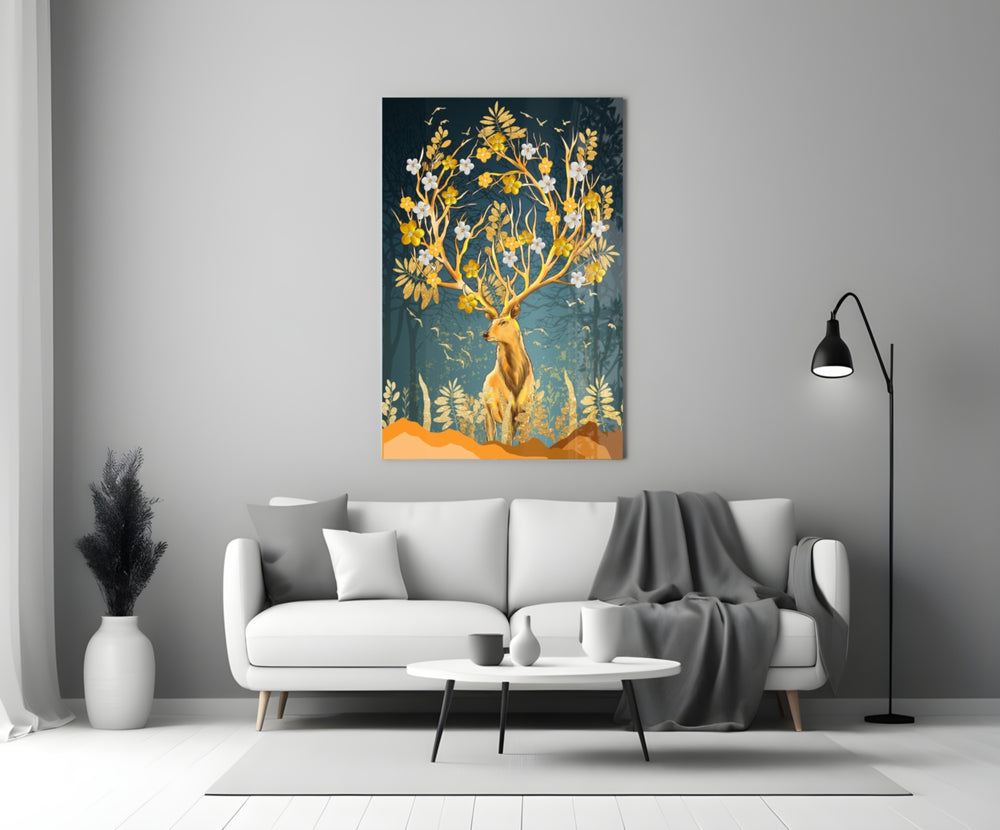 Floral Stag glass wall art styled above a console in a study