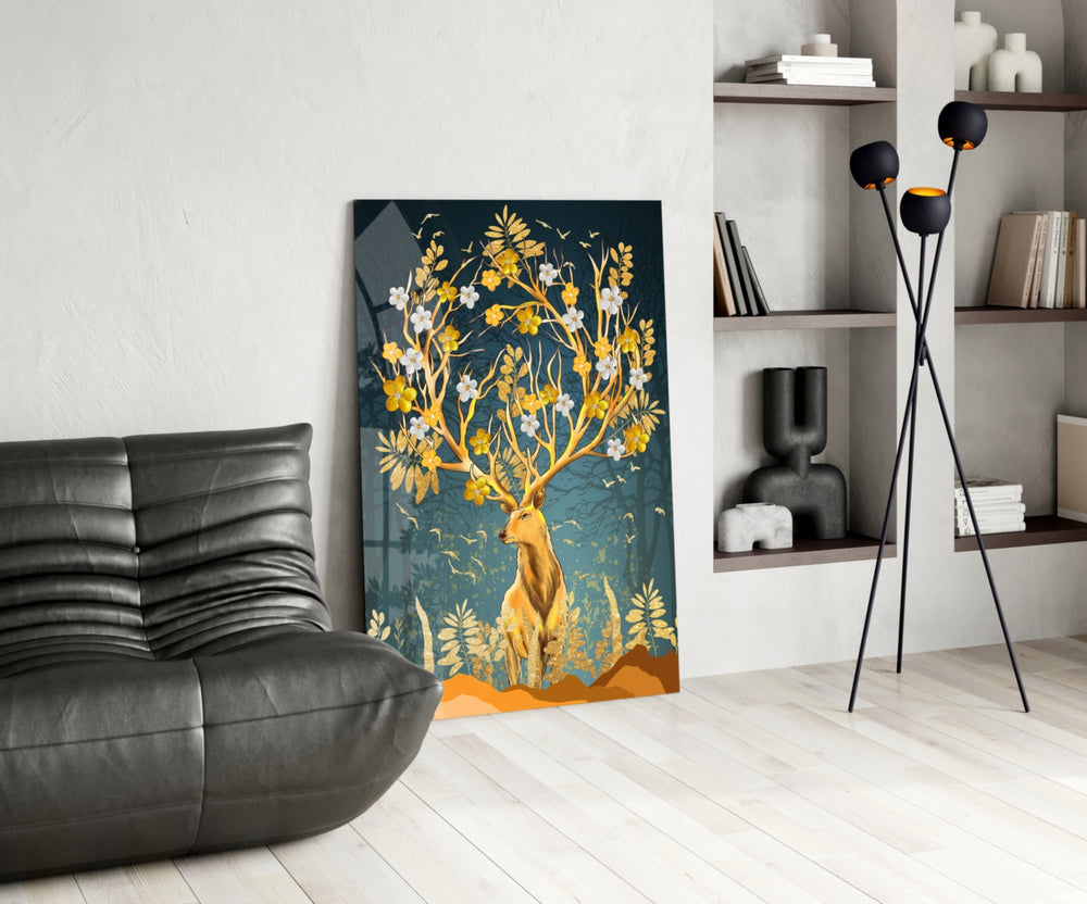 Floral Stag glass print enhancing a creative office with cinematic drama