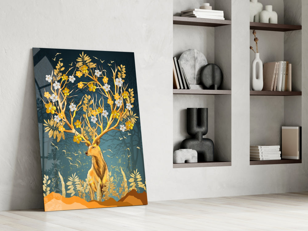 Floral Stag artwork anchoring a wall with bold luxe palette