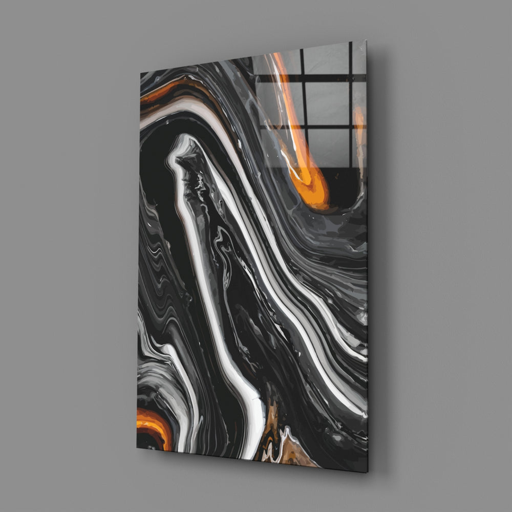 Close-up detail of silver-and-amber waves curling through black