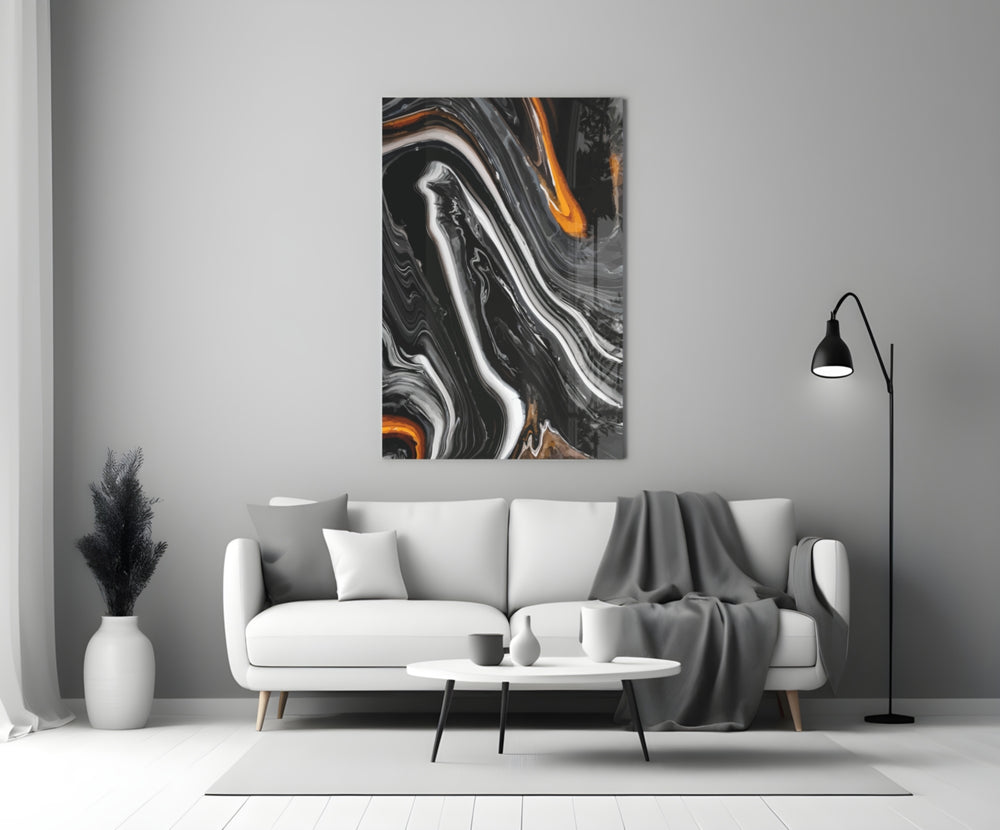 Black Wave glass wall art styled above a desk in a man's office
