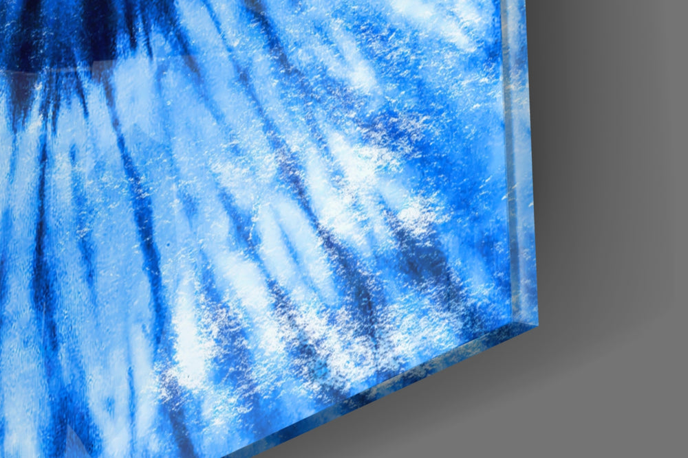 Blue Tie Dye panel catching gallery light to reveal its tactile bleed
