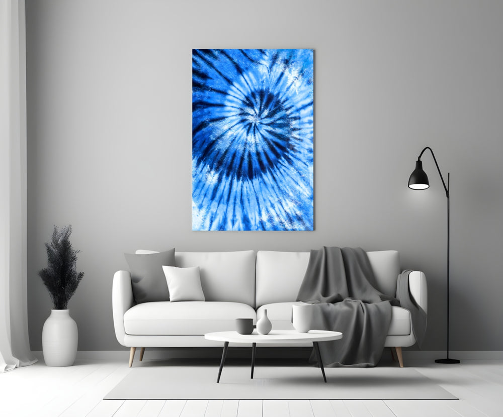 Blue Tie Dye glass wall art styled above a desk in a teen room