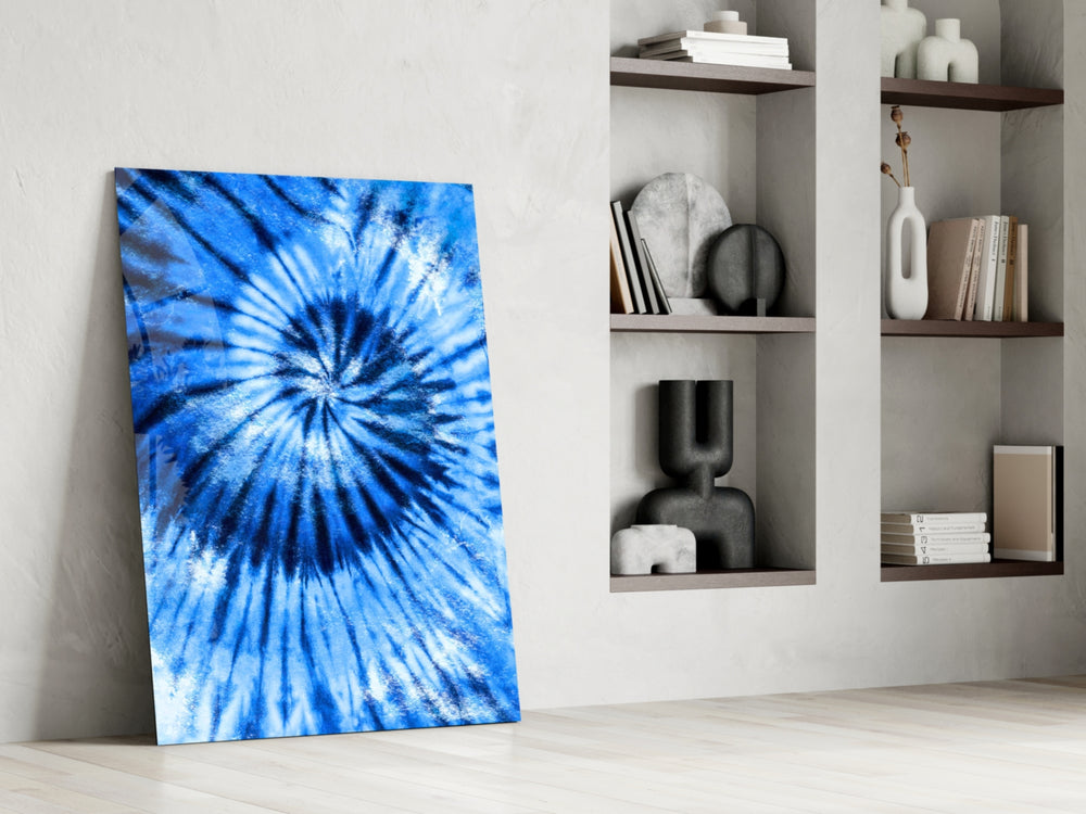 Blue Tie Dye artwork anchoring a wall with bold coastal palette
