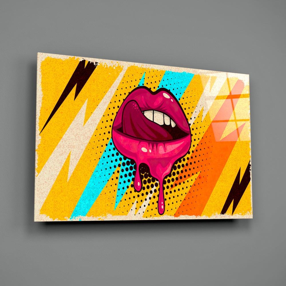 Close-up detail of crimson lips with paint-drip and lightning stripes