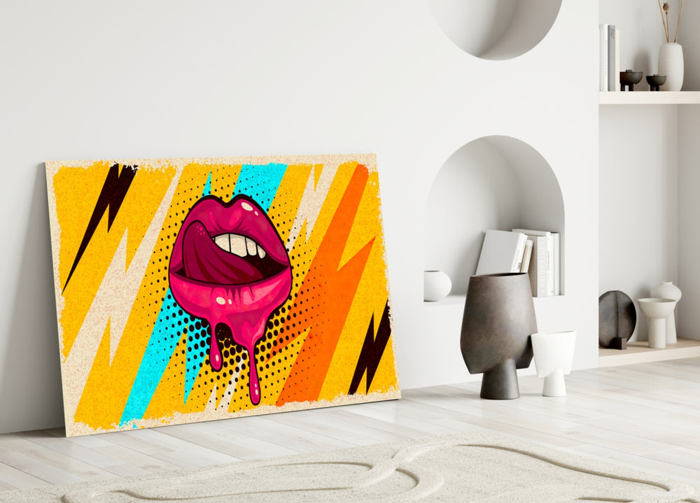 Pop Lips glass wall art styled above a desk in a teen room