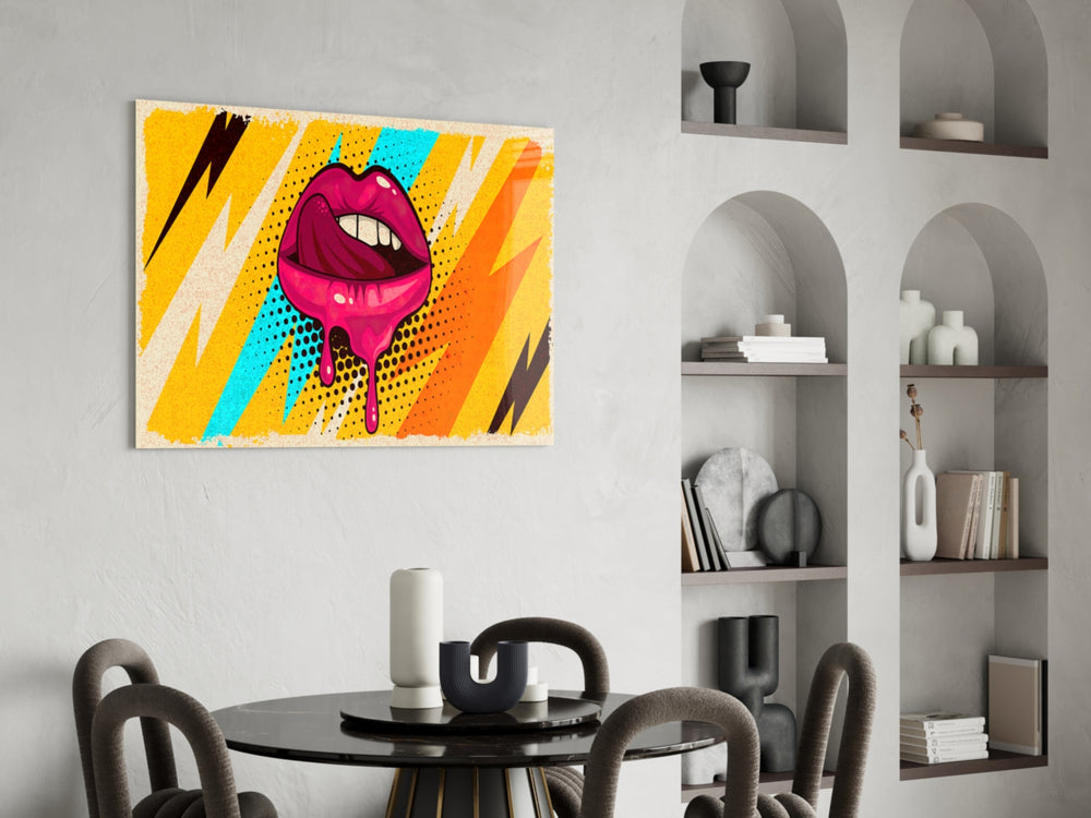 Pop Lips glass print enhancing a powder room with editorial drama