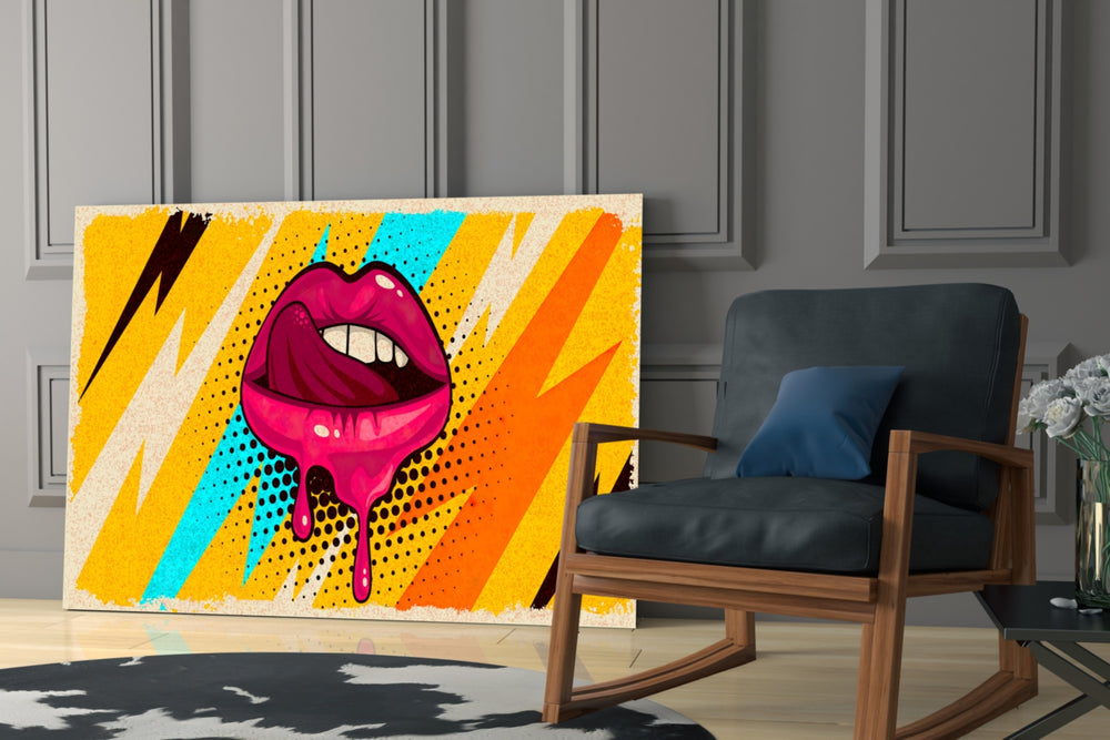 Pop Lips artwork anchoring a wall with bold kinetic palette