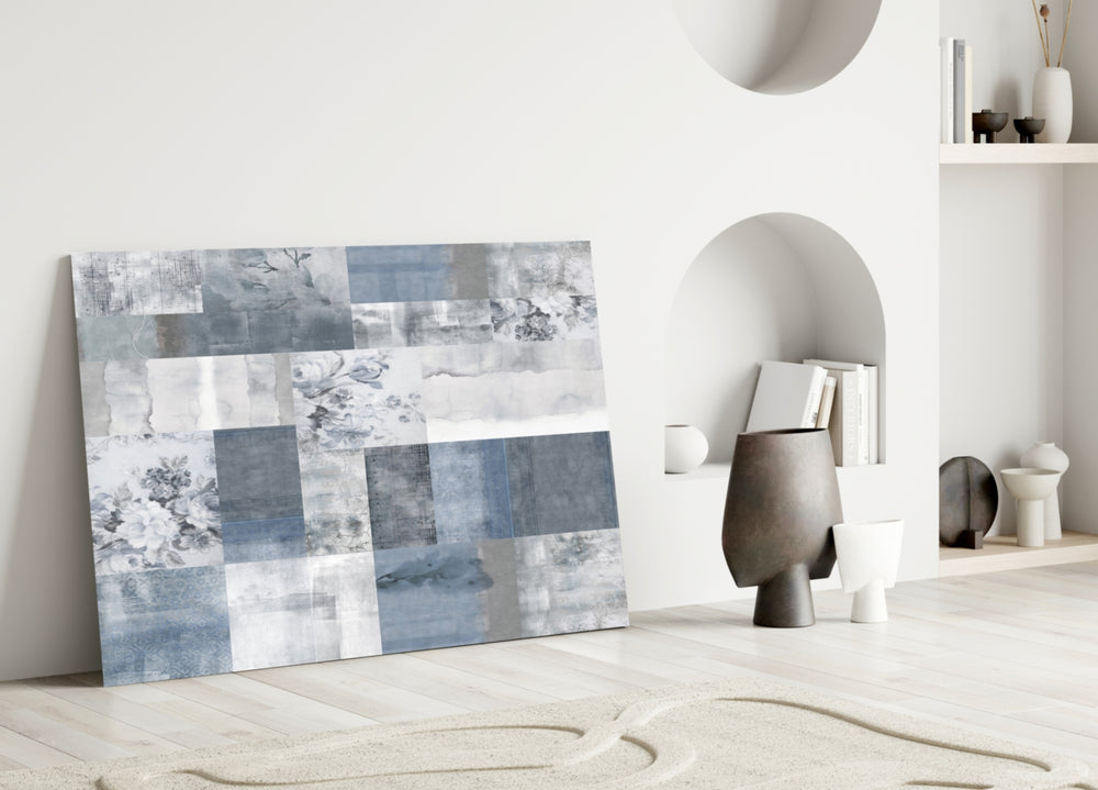 Soft Patchwork glass wall art styled above a sofa in a living room