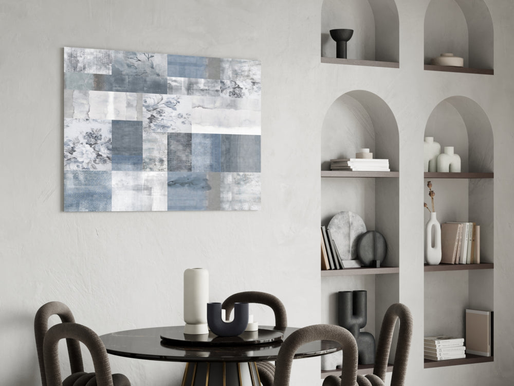 Soft Patchwork glass print enhancing a study with editorial spirit