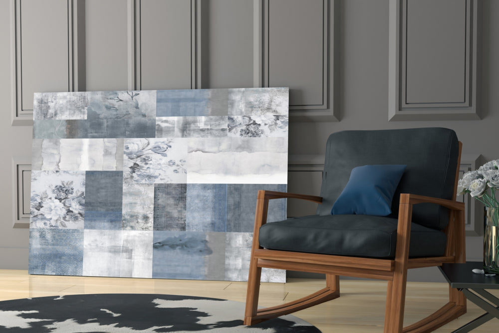 Soft Patchwork artwork anchoring a wall with soft serene palette