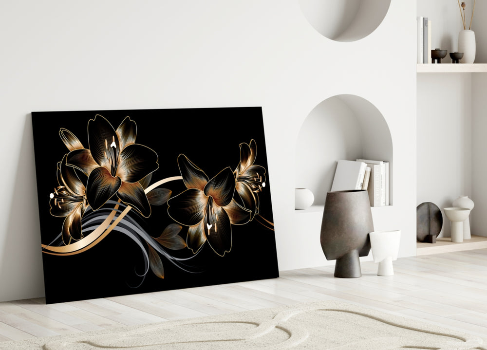 Bronze Lilies glass wall art styled above a bed in a master bedroom