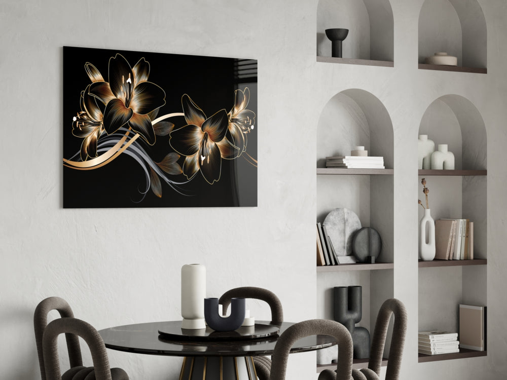 Bronze Lilies glass print enhancing a powder room with editorial drama
