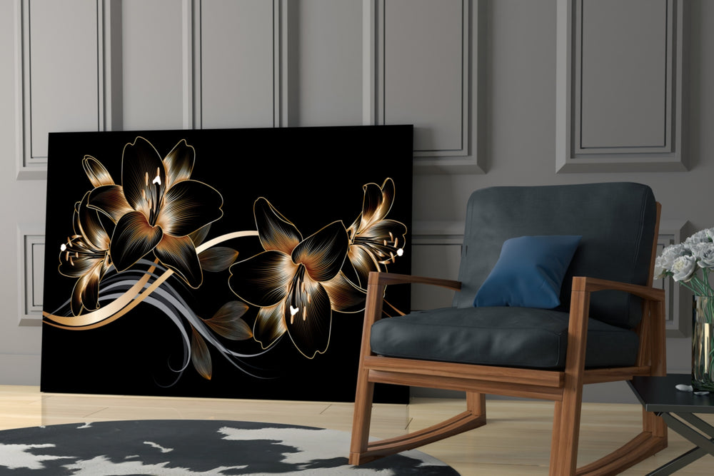 Bronze Lilies artwork anchoring a wall with moody luxe palette