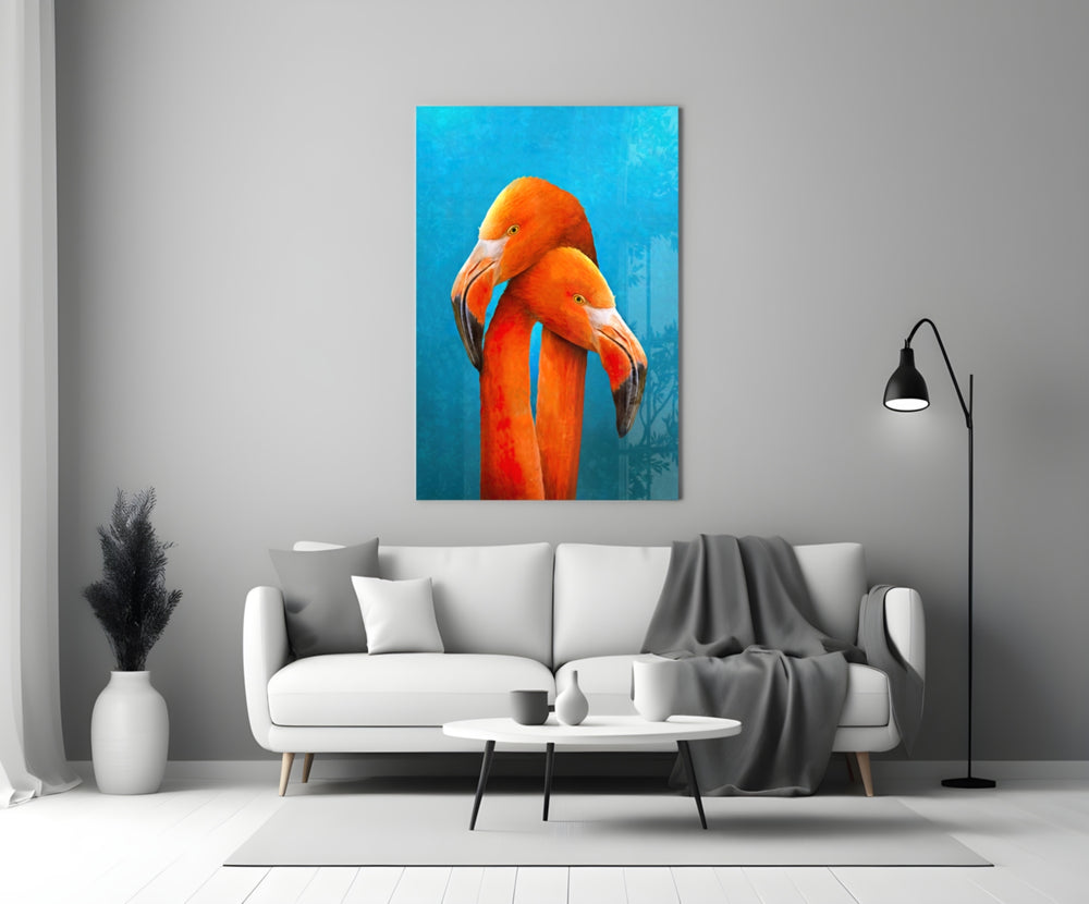 Twin Flamingos glass wall art styled above a sideboard in a sunroom