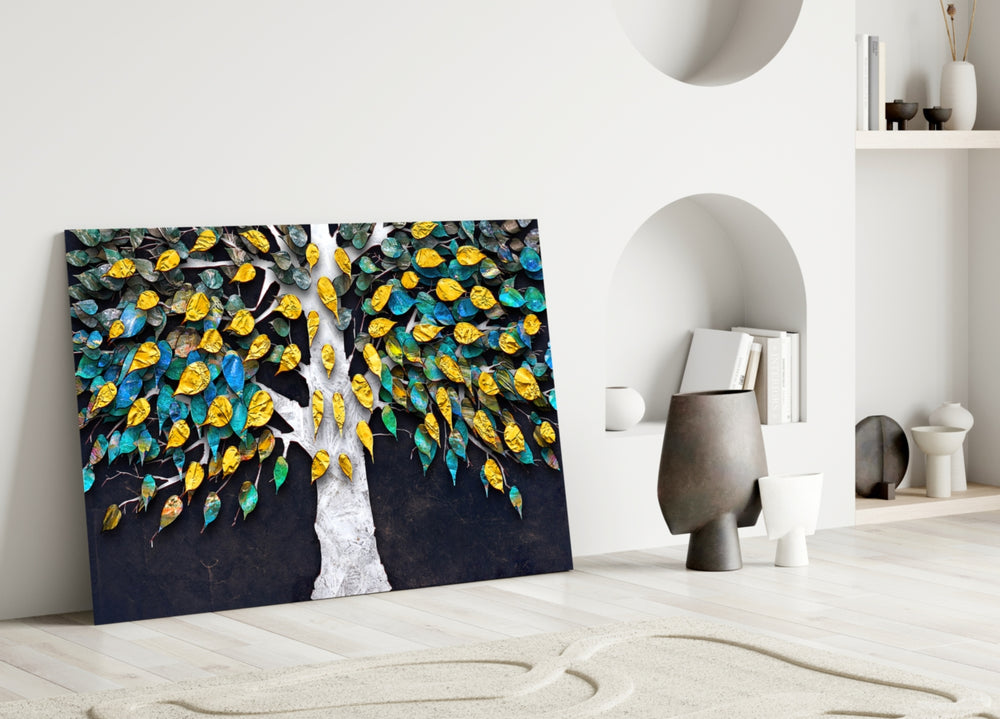 Jewel Tree glass wall art styled above a sofa in a living room