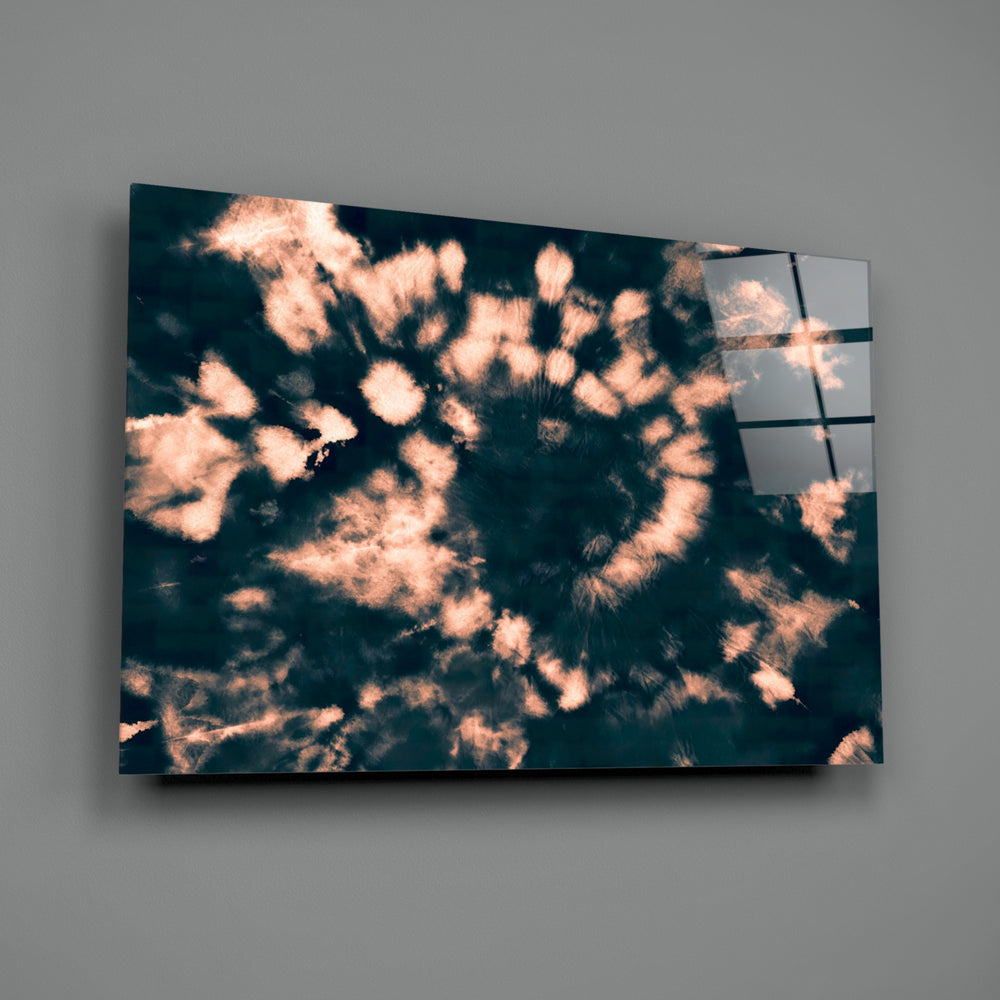 Close-up detail of peach cloud puffs spiraling against teal