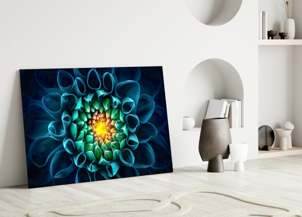 Teal Dahlia glass wall art styled above a vanity in a powder room