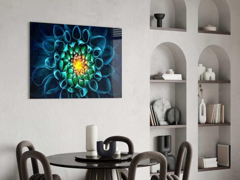Teal Dahlia glass print enhancing a foyer with editorial drama