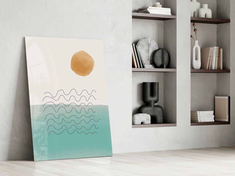 Coastal Sun artwork anchoring a wall with serene coastal palette