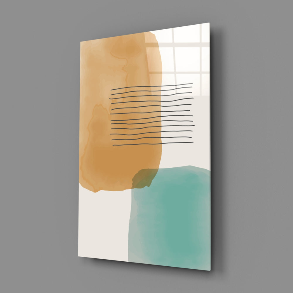 Close-up detail of horizontal stripes between amber and teal blocks