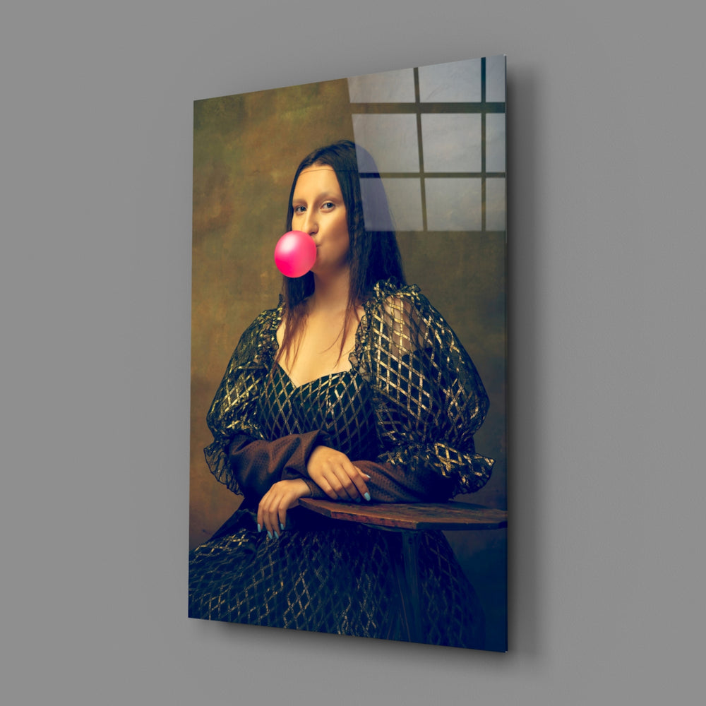 Close-up detail of pink bubble against renaissance pose
