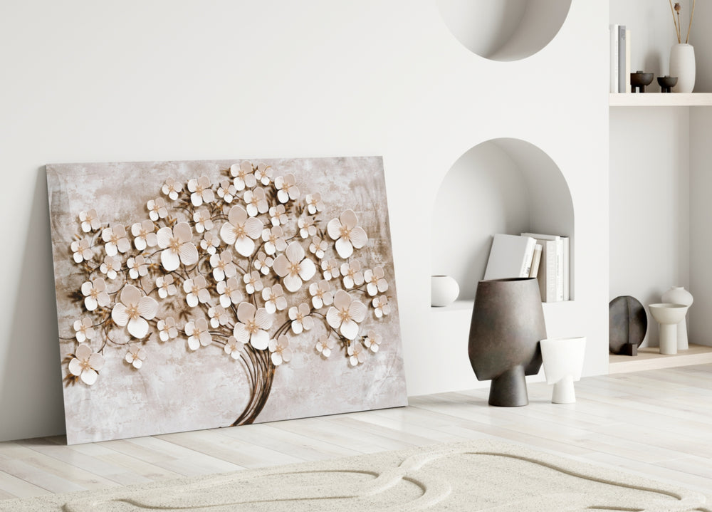 Ivory Blossom Tree glass wall art styled above a sofa in a living room