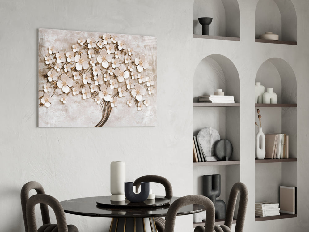Ivory Blossom Tree glass print enhancing a master bedroom with editorial drama