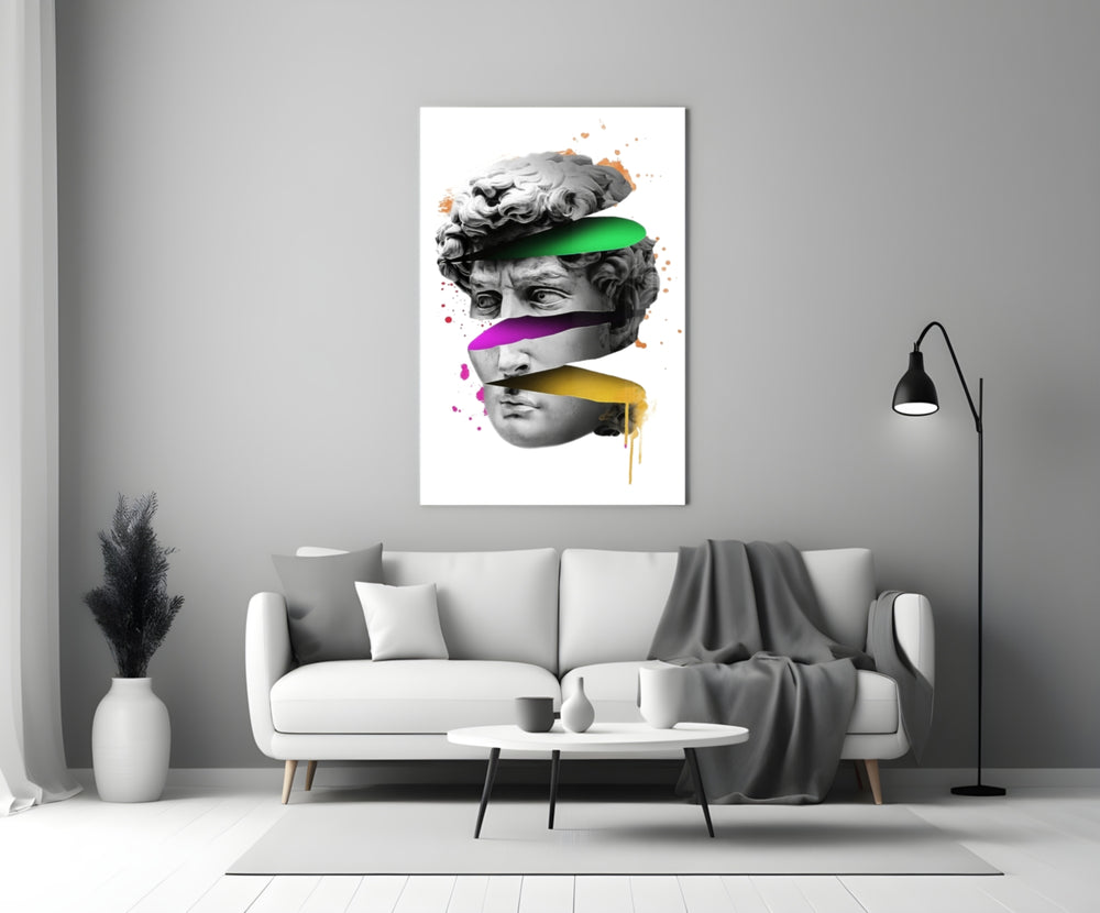 David Slices glass wall art styled above a desk in a creative office
