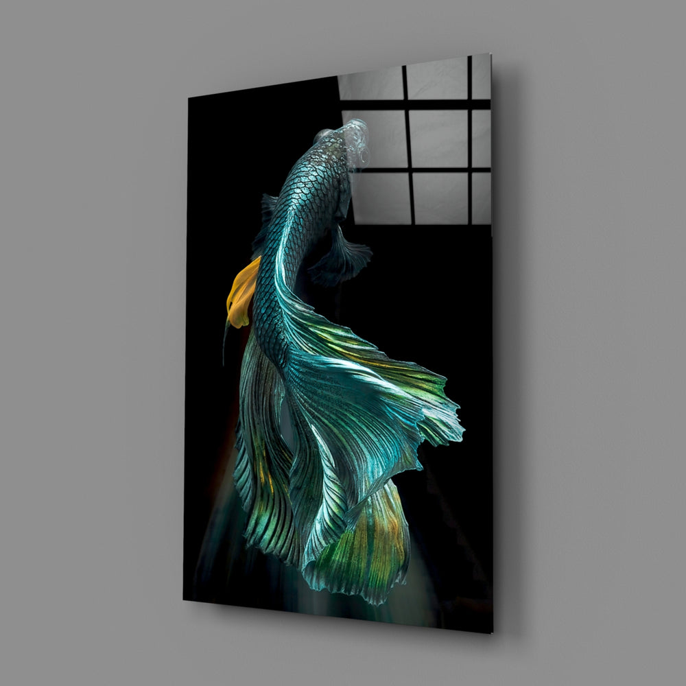 Close-up detail of teal-emerald fins curling against velvet black