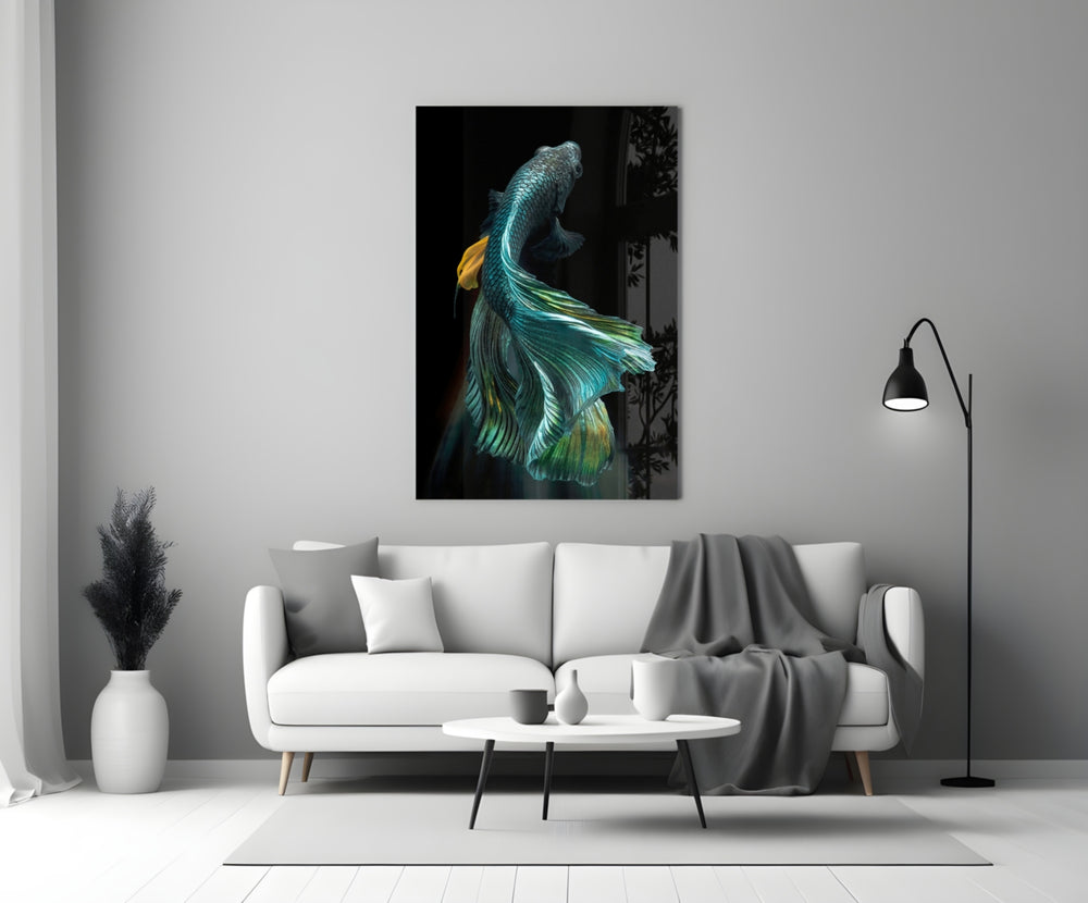 Betta Fish glass wall art styled above a sideboard in a man's office