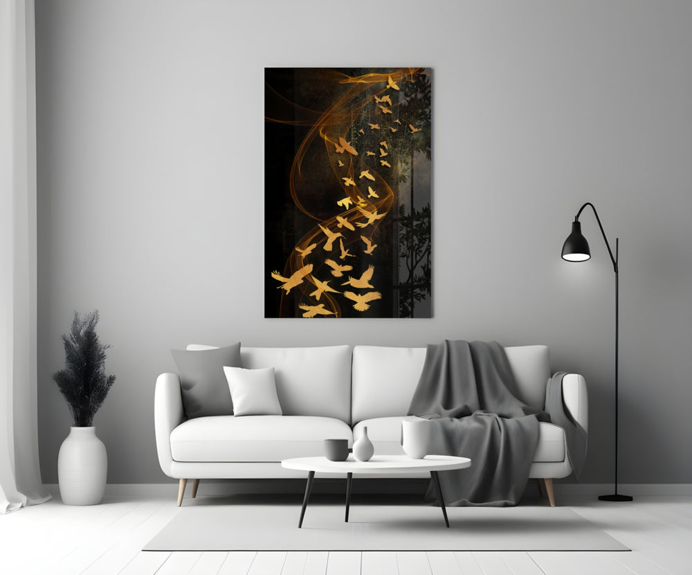 Gold Flight glass wall art styled above a console in a foyer