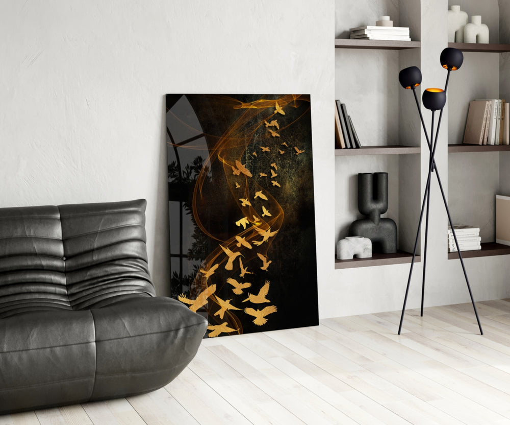 Gold Flight glass print enhancing a master bedroom with editorial drama