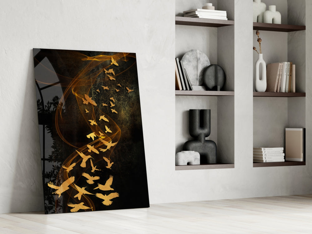 Gold Flight artwork anchoring a wall with moody luxe palette